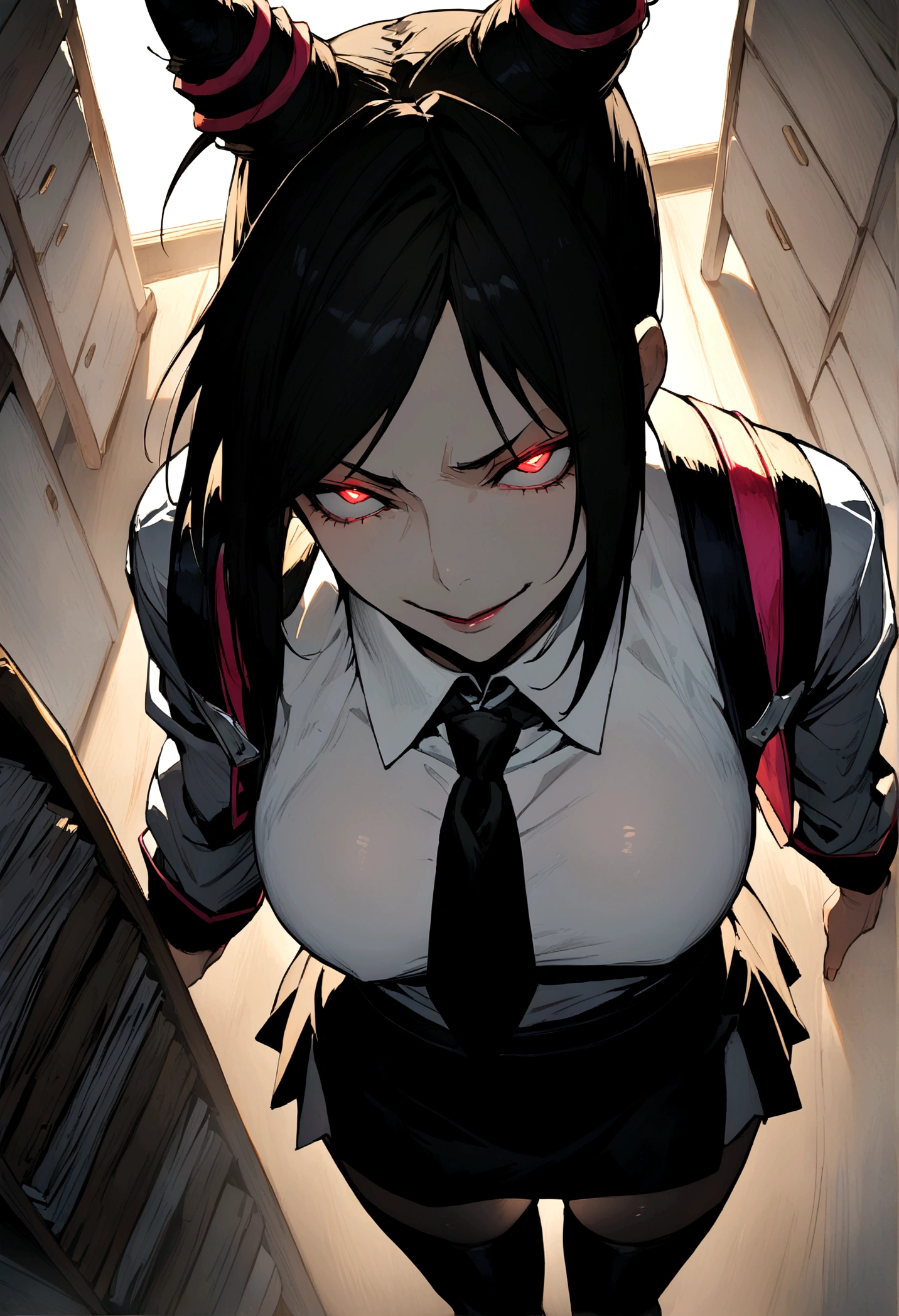Juri Han, artwork, tight white secretary shirt with black tie, black short skirt,sock, Bblack hair, blackstockings,evil smile,DESK,bangs on the eyes,lighting,horn of hair,from above view,staring overhead