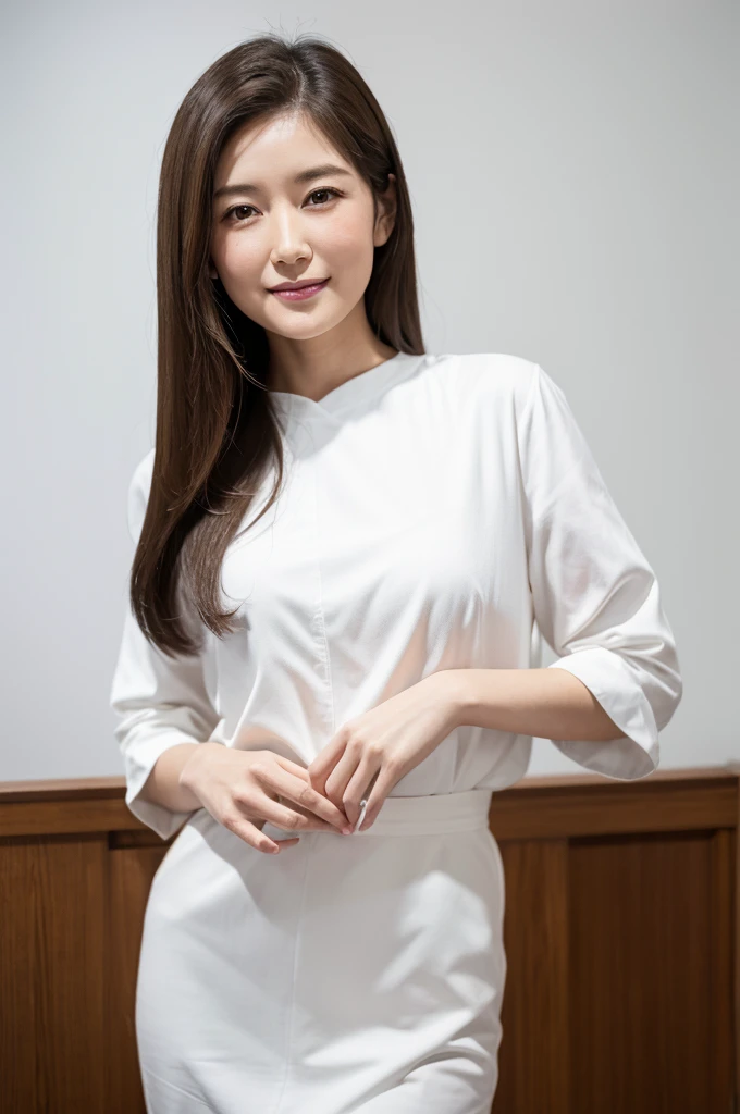 Japanese women, 50s, White background, simple背景,Long Hair、White-brown hair, Slender, 4K, 8K, High quality, Beauty products, EyesBeautiful Eyes, simple, It is high resolution.,1 person,Beautiful Skin,Beautiful Skin、Natural smile、Wearing a short-sleeved white shirt
