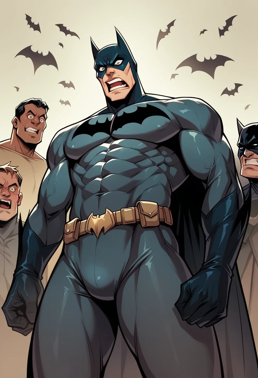 Batman, from front, super fine, lower body shot, middle-aged man, hunk, looking down and mouth wide open with shocked face, Batman's crotch get pinched by many people, Batman's crotch squeezed by many people,