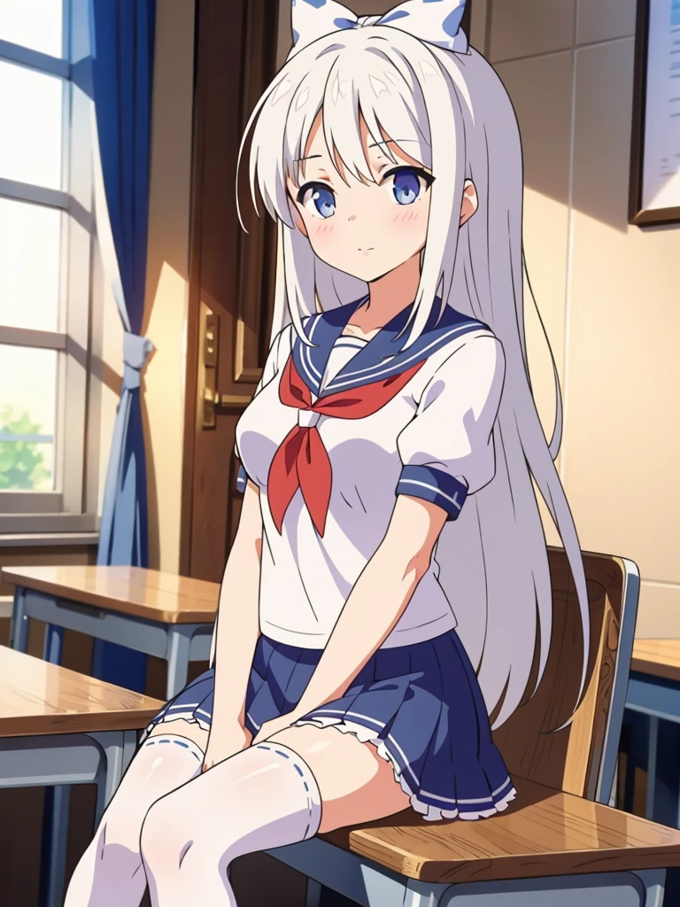 1 white-haired girl with ribbon decorations on her head, blue eyes in school mini skirt navy Women with white stockings at home