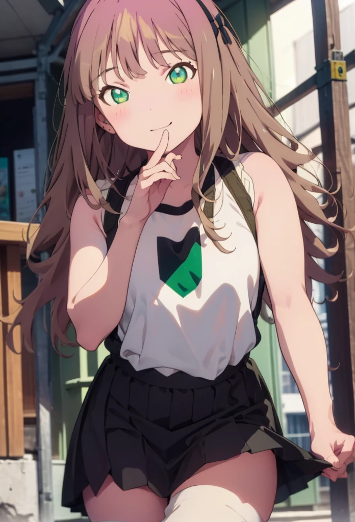 minami yume ,sss Dynazenon ,Long Hair, Brown Hair, (Green Eyes:1.5) ,blush,smile,hair band,Sleeveless shirt,Long skirt,short boots,Daytime,Clear skies,Walking,whole bodyがイラストに入るように, break looking at viewer, whole body,(Cowboy Shot:1. 5) , break outdoors ,Building district, break (masterpiece:1.2), Highest quality, High resolution, unity 8k wallpaper, (shape:0.8), (Beautiful and beautiful eyes:1.6), Highly detailed face, Perfect lighting, Extremely detailed CG, (Perfect hands, Perfect Anatomy),