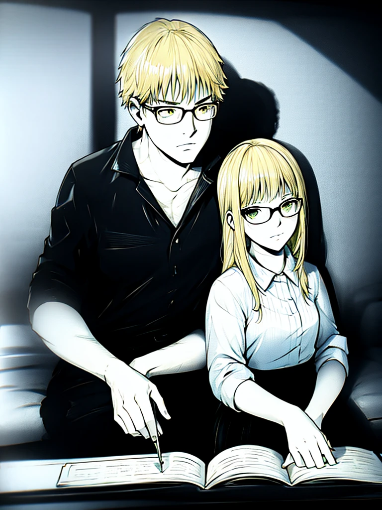 young girl, yellow hair, glasses, busty, sitting on a guy's face