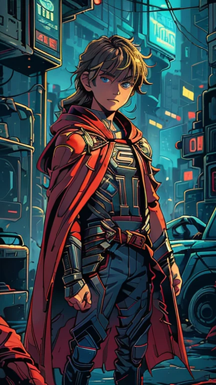 best quality,masterpiece,1boy,solo,(((13years old))),japanese boy,an extremely cute and handsome boy,highly detailed beautiful face and eyes,petit,cute face,lovely face,baby face,shy smile,show teeth, Blonde hair,Long hair,flat chest,skinny,slender,(((wearing a Thor costume,red cape))),(((standing in Dark Midnight Neon Glow light Cyberpunk metropolis city))),he is looking at the viewer, Cowboy shot