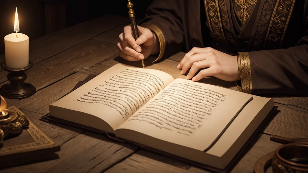"A scroll unfurled on an ancient stone table, illuminated by the soft glow of candlelight in a dimly lit scriptorium. The scroll's intricate calligraphy bears passages from ancient scriptures, depicting symbols of life and death intertwined. A quill rests beside the scroll, hinting at the scribe's meticulous dedication to recording beliefs about mortality and the afterlife."