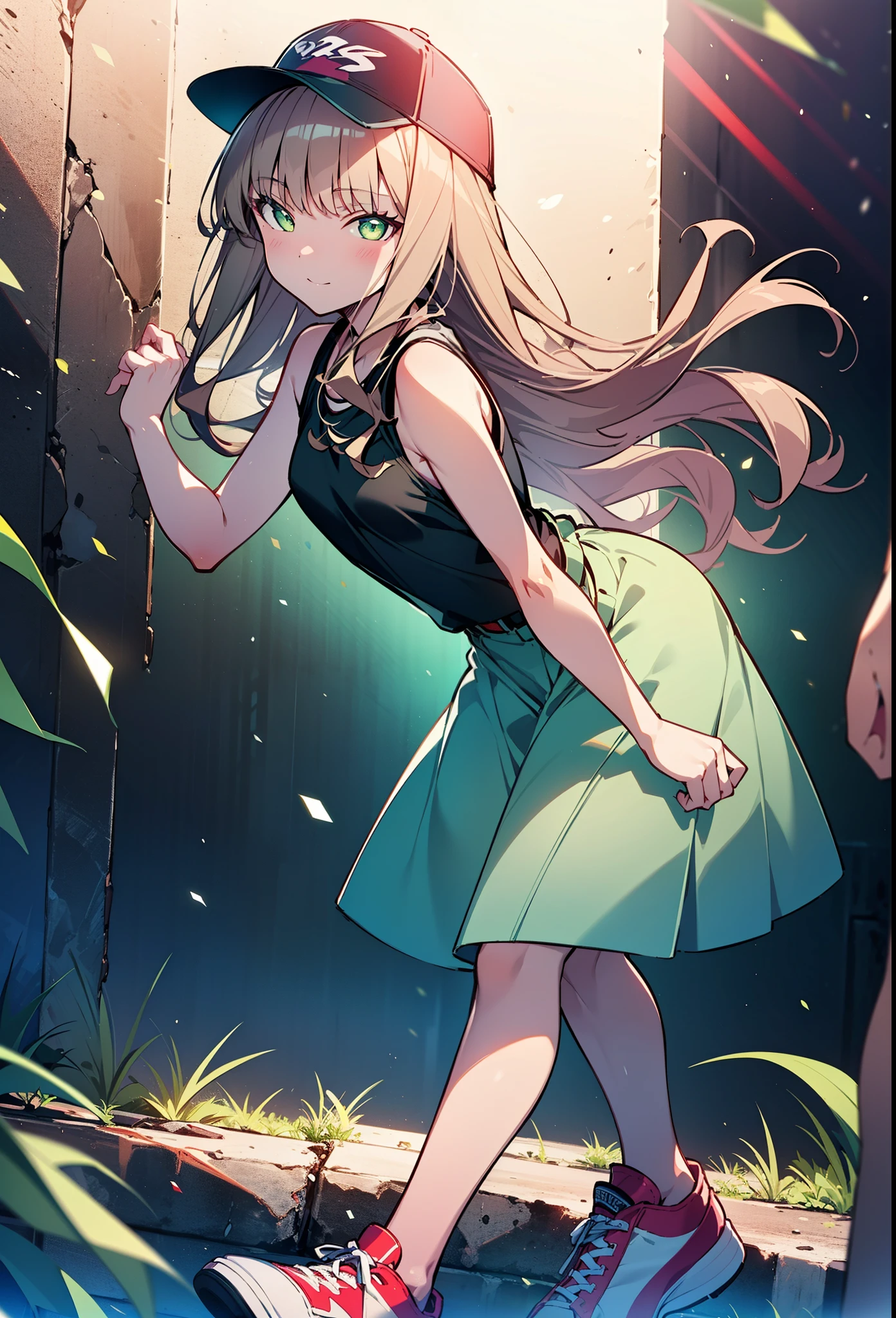 minami yume ,sss Dynazenon ,Long Hair, Brown Hair, (Green Eyes:1.5) ,blush,smile,hair band,Sleeveless shirt,Baseball cap,Long skirt,sneakers,Daytime,Clear skies,Walking,whole bodyがイラストに入るように, break looking at viewer, whole body, break outdoors ,Building district, break (masterpiece:1.2), Highest quality, High resolution, unity 8k wallpaper, (shape:0.8), (Beautiful and beautiful eyes:1.6), Highly detailed face, Perfect lighting, Extremely detailed CG, (Perfect hands, Perfect Anatomy),