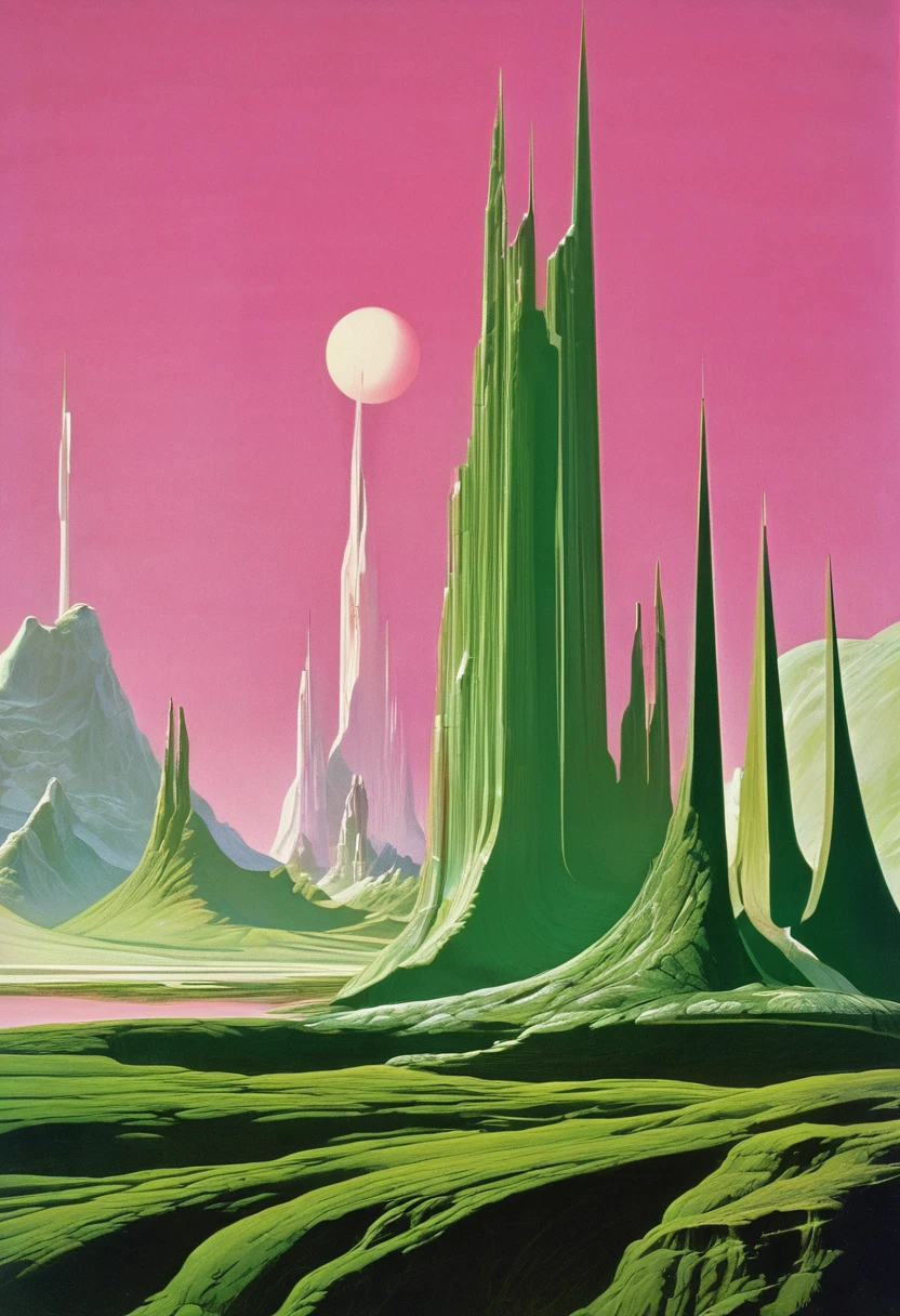 Main colors: pink, Green and White,Chesley Bonestell'style,Depicting an adventurer wandering an alien desert under the light of a giant ,moon,The screen contains dynamic elements,Like flying dust、Distant alien plants and strange objects in the sky,Use wide-angle viewing to create immersion,Stylish with Charles Dana Gibson。The Minimalists,Graphics wonder,galaxy,Space