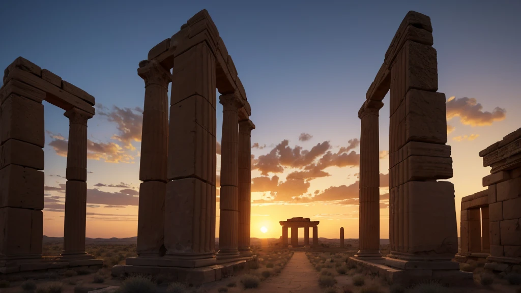 "An expansive desert landscape at twilight, where ancient ruins of a temple stand silhouetted against the setting sun. Carvings on weathered stone walls depict scenes of souls ascending towards celestial beings, embodying beliefs in spiritual transcendence and the journey to the afterlife. The fading light casts long shadows that hint at the mysteries inscribed in these ancient texts, inviting viewers to ponder the legacy of these beliefs."