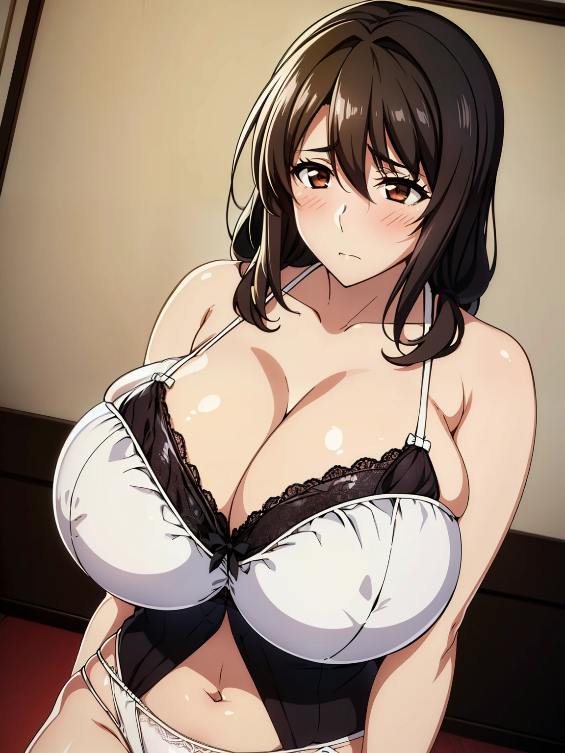 (超High resolution,4K,Very detailed, photograph, 8K, High resolution, High resolution, Absurd:1.2),35-year-old Japanese woman,Mature Body,expensive,(Long black hair:1.4),Beautiful character design,Beautifully detailed eye depiction,Perfect Face,Expressive eyes,Brown eyes,blush,Embarrassed face,Pure white bra,((Breasts overflowing from bra)),A slightly smaller bra,(White sheer lace panties:1.2),(Huge breasts:1.2),Tight waist,In the living room,Daytime,Bold Pose,Cowboy Shot