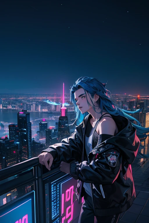 (masterpiece), 1boy, Highest quality, 超High resolution,youth, Cyberpunk uth flying over a beautiful cityscape ,hoodie,Blue Hair, Neon colorの流れ星, Very long hair, Off the shoulder, Feather hair ornament, Neon color, Amazing night sky, Cinema Lighting, Realistic, High resolution