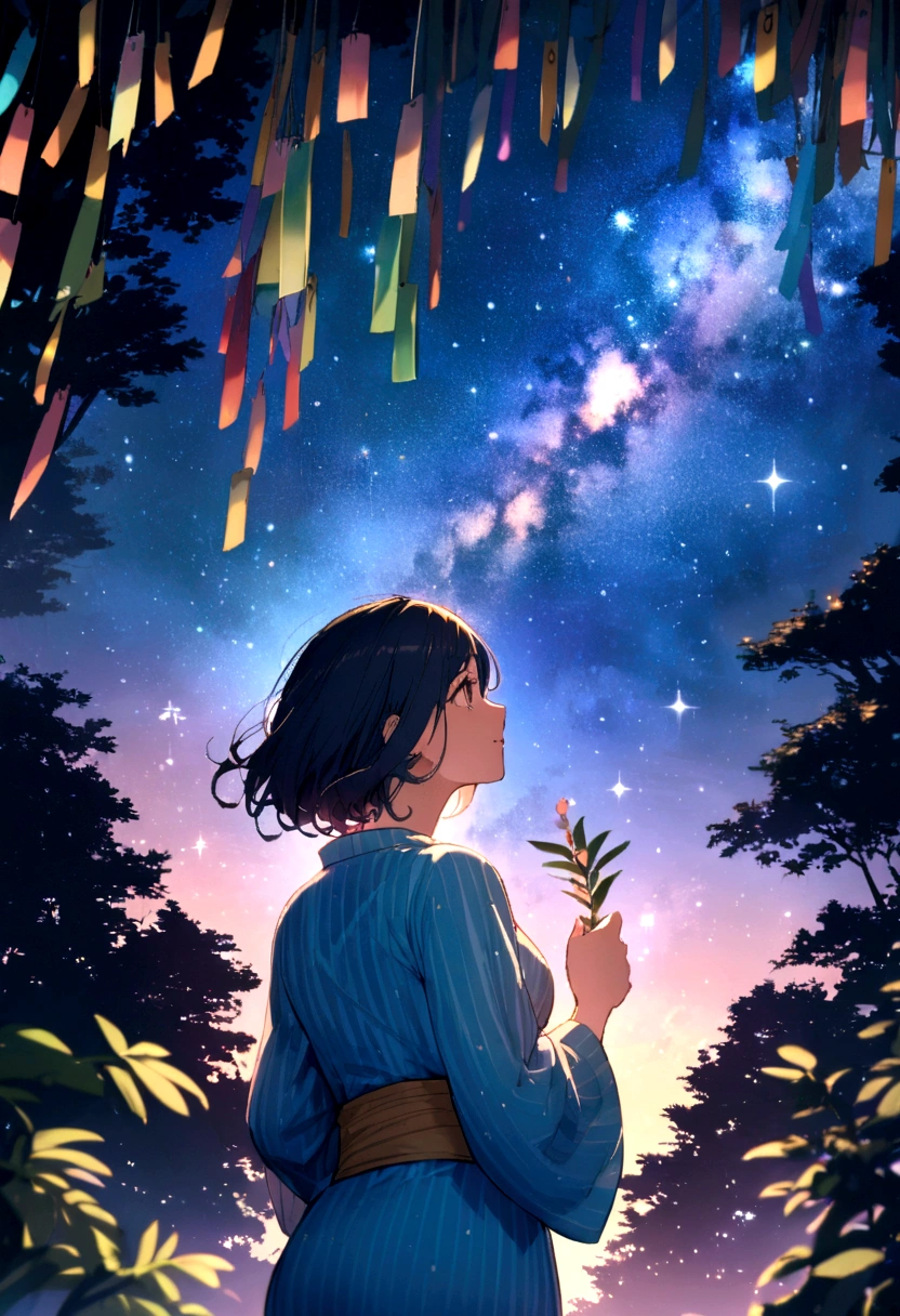 Back view of a woman wearing a light blue yukata,Looking up at the Milky Way,Tanabata