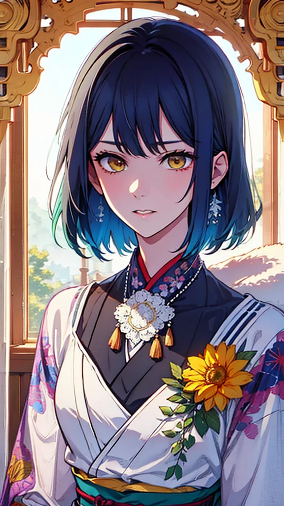 (highest quality:1.2), Very detailed, digital coloring, High Contrast, (masterpiece:1.2), highest quality, Best aesthetics, wallpaper, (detailed background), looking side glance, a man, black shiny, short hair, flat chest, (cold stare), lemon yellow eyes, Meticulous Eyelash Details, (beautiful detailed face, beautiful detailed eyes), (hot gaze, Hot, Glossy, Leaking sigh), kimono, traditional Japanese culture