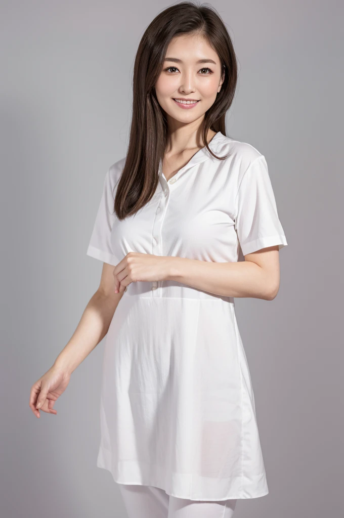 Japanese women, 50s, White background, simple背景,Long Hair、White-brown hair, Slender, 4K, 8K, High quality, Beauty products, EyesBeautiful Eyes, simple, It is high resolution.,1 person,Beautiful Skin,Beautiful Skin、Natural smile、Short sleeve、Wearing a white shirt