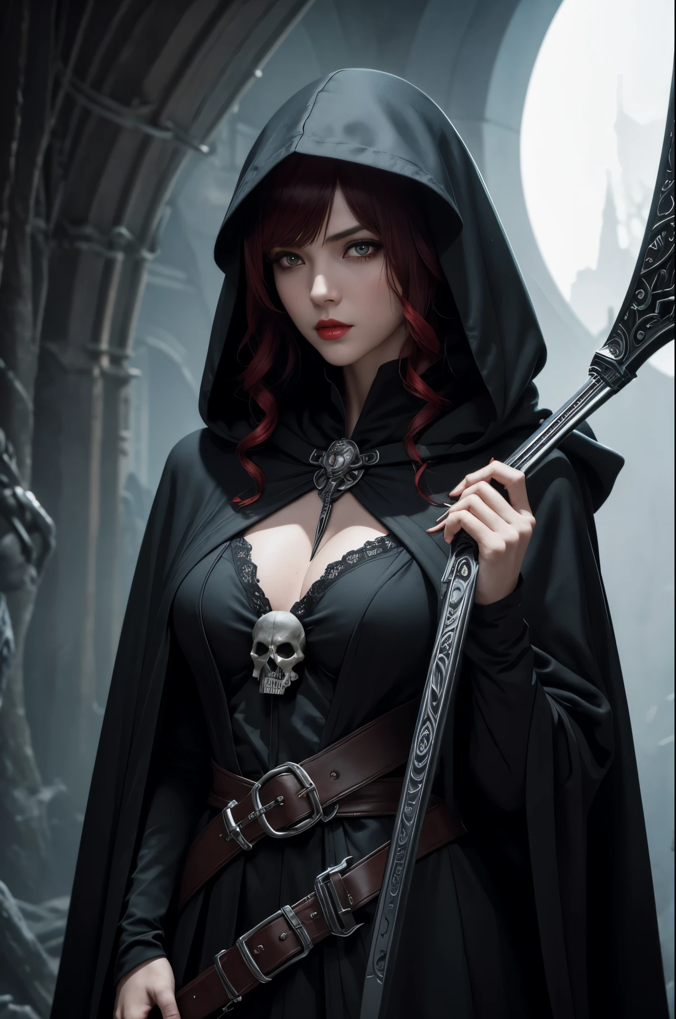 8K,Grim Reaper with a very large scythe,Skeleton Face,Red eyes,White haired mohawk,Black hooded robe,Highly detailed photos, Ultra-high resolution, masterpiece, Highest quality, Perfect glowing skin, Perfect lighting, Detailed lighting, Dramatic Shadows, Ray Tracing, Looking at the audience, Small breasts, Beautifully detailed hazel eyes, Sharp Face, Clear Eyes, Red lips, Long bangs, Short Curly Hair, ((Dark Land of the Underworld)), Upper Body, masterpiece,Highest qualityのフォトリアリスティックなRAW写真。Bright colors,Rich colors, Backlight, Cinema Lighting, Film Grain, to be born, 50mm lens, Nikon D850,Detailed character art,Fantasy art,Ultra-high resolution,Ultra-Realistic Skin,Perfect hand shape,Deadly landscape,Skull coat of arms,Skull Face,