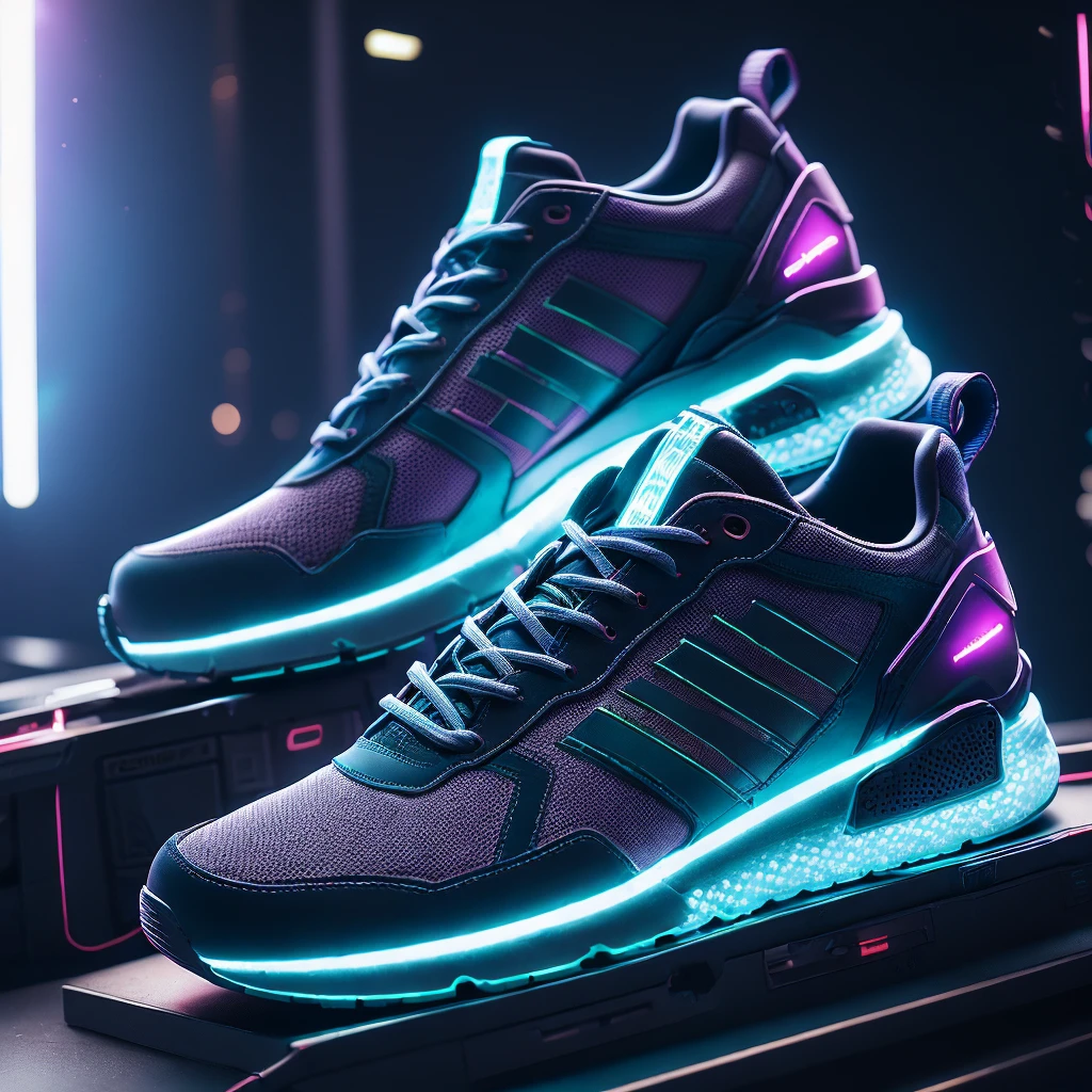 Product photography of cyberpunk sneakers, Epic rendering, octane, atmosphere, particle, Soft volumetric light, (Backlight:1.3), (Movie:1.3), Intricate details, (Art Station:1.3)