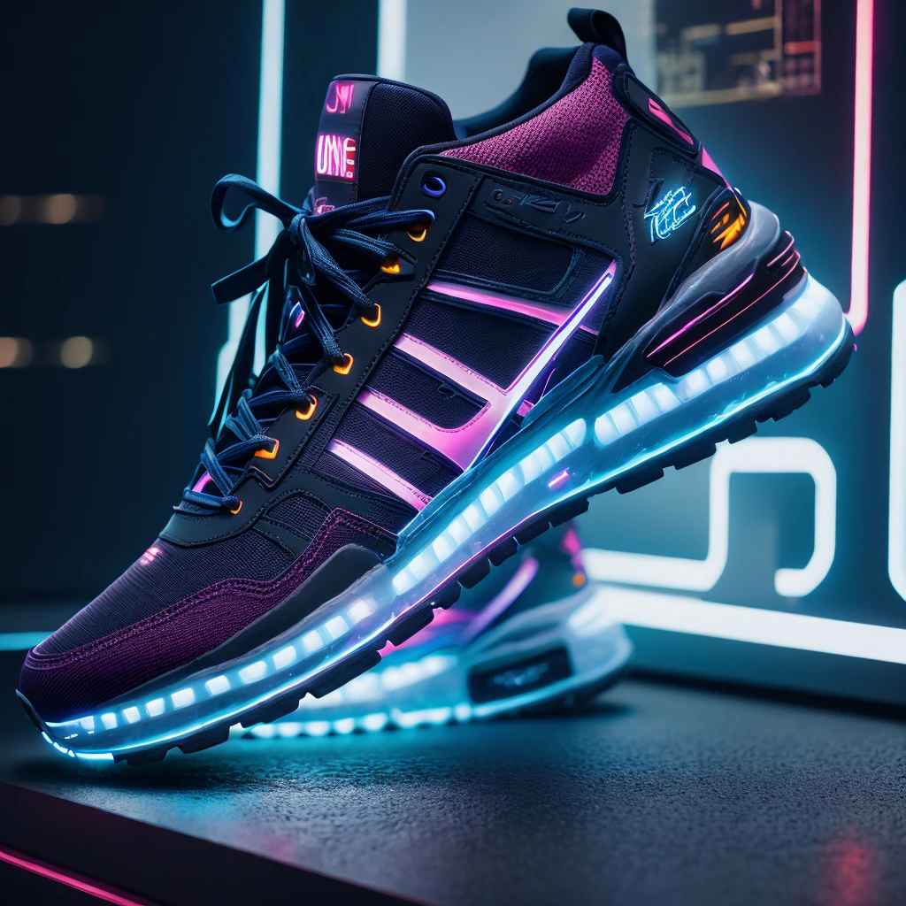 Product photography of cyberpunk sneakers, Epic rendering, octane, atmosphere, particle, Soft volumetric light, (Backlight:1.3), (Movie:1.3), Intricate details, (Art Station:1.3)