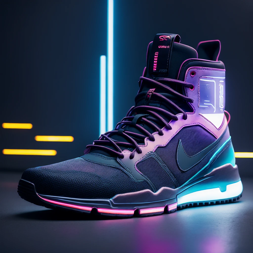 Product photography of cyberpunk sneakers, Epic rendering, octane, atmosphere, particle, Soft volumetric light, (Backlight:1.3), (Movie:1.3), Intricate details, (Art Station:1.3)
