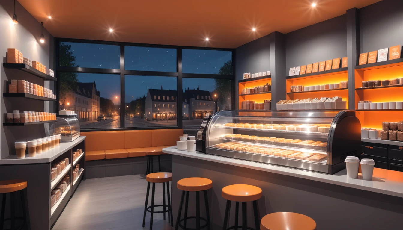 a cozy night time at a coffe interior with cozy warm orange lighting and sweets in the shelves. There are a lot of tables with coffee cups on them. There is a big window in the middle of the coffeeshop and the outside view is a just an empty grey wall