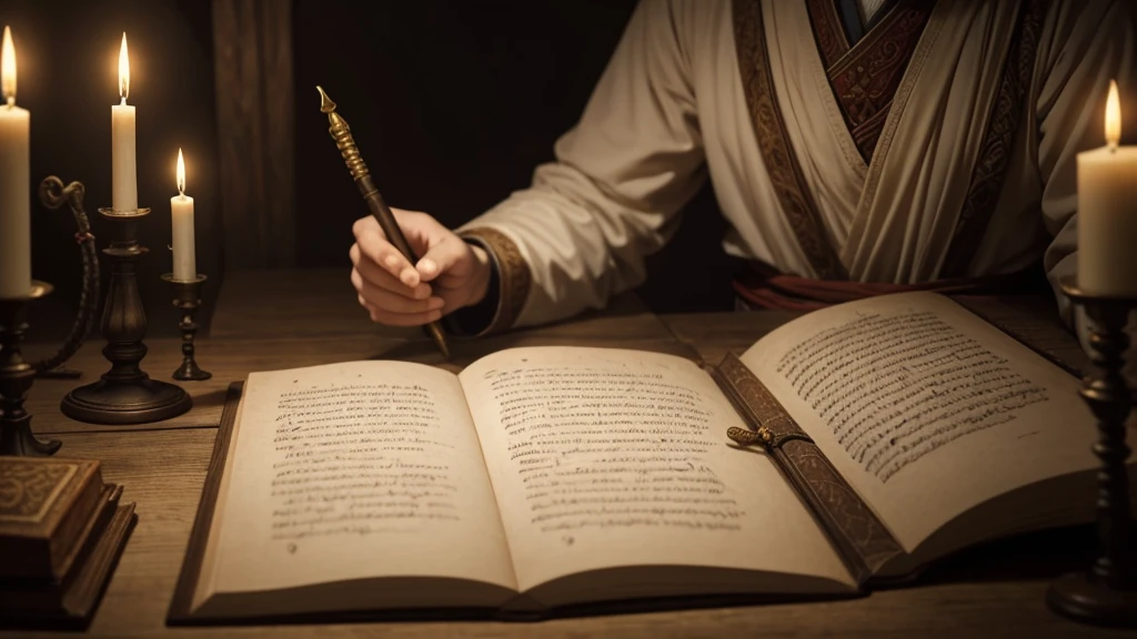 "A scroll unfurled on an ancient stone table, illuminated by the soft glow of candlelight in a dimly lit scriptorium. The scroll's intricate calligraphy bears passages from ancient scriptures, depicting symbols of life and death intertwined. A quill rests beside the scroll, hinting at the scribe's meticulous dedication to recording beliefs about mortality and the afterlife."