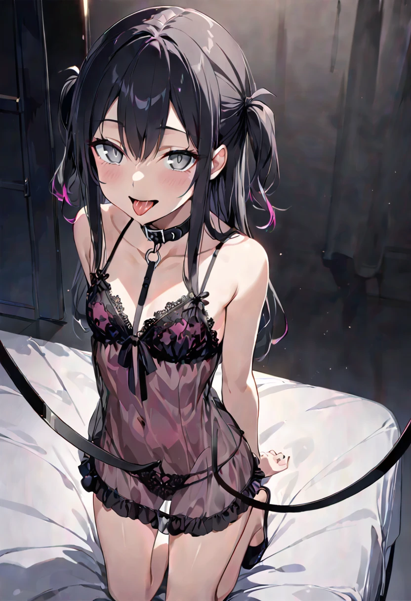 Hands behind back,Tied with hands behind back,lick,from front,front view,looking at viewer, looking ahead,from above,cowboy shot,1girl,Beautiful 14 year old girl,ager,Japanese,Slender,,low length,Small breasts,Thin legs,Small Ass,Baby Face,Small face,Black Hair,Long Hair,straight,two side up,Gray Eyes,Drooping eyes,slit pupils,narrow eyes.Black collar with black leash,Sheer black and pink negligee,lingerie,open mouth,tongue out,front face,Kneeling,Straight Stand,Beautiful and detailed anime art,Mischievous smile,Sexy vibe,cum on tongue,Dimly lit room,On the bed,Simple Background,Gray background,Dim white lighting,