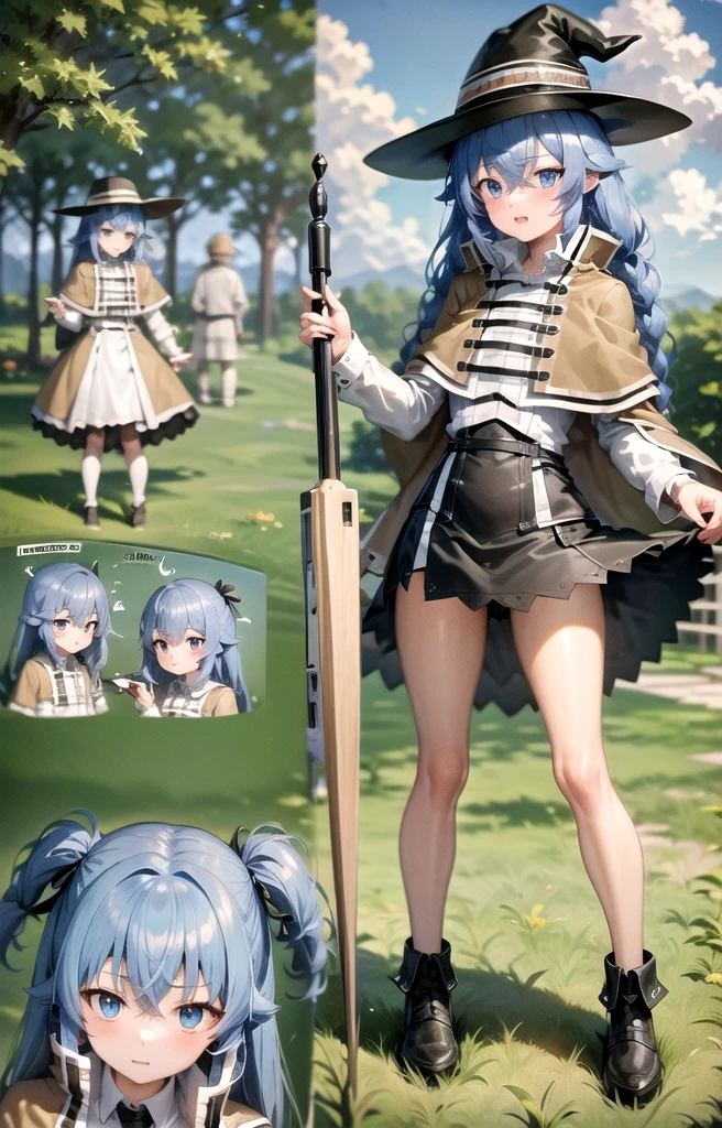 (masterpiece:1.4), (Highest quality:1.4), (((Pixel Perfect, Perfect in every detail))), One girl,  body, Roxy Migurdia, Blue Hair, Long Hair, Hair between the eyes, Twin Blade, blue eyes, Witch Hat, White collared shirt, Long sleeve, Wide sleeves, White capelet, Brown cape, Long Cape, Black Skirt, White boots, Small to medium chest, View your viewers, (Juru:1.2), flat, flat colors, 2D, (anime:1.3), View your viewers, (blush:0.5), full body, Are standing, White Background, Reference Sheet, 

