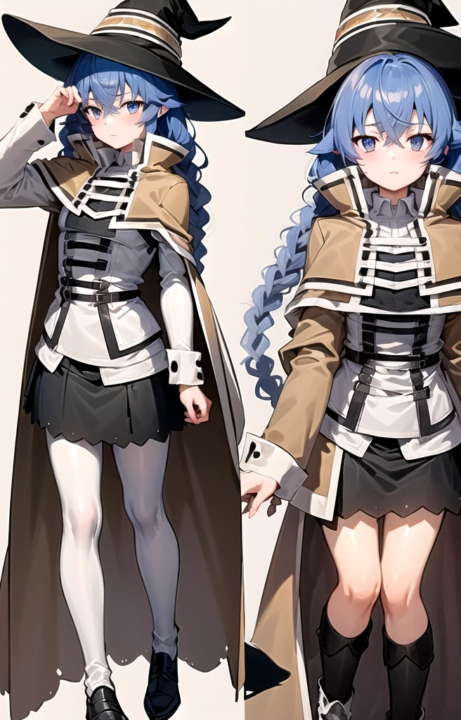 (masterpiece:1.4), (Highest quality:1.4), (((Pixel Perfect, Perfect in every detail))), One girl,  body, Roxy Migurdia, Blue Hair, Long Hair, Hair between the eyes, Twin Blade, blue eyes, Witch Hat, White collared shirt, Long sleeve, Wide sleeves, White capelet, Brown cape, Long Cape, Black Skirt, White boots, Small to medium chest, View your viewers, (Juru:1.2), flat, flat colors, 2D, (anime:1.3), View your viewers, (blush:0.5), full body, Are standing, White Background, Reference Sheet, 

