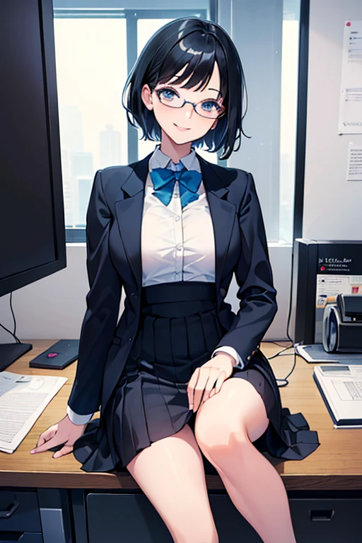 ((Highest quality)), ((masterpiece)), (Familiar), Illustration Style,Perfect Face,1 Girl,Black Hair,Short Hair,Glowing Skin,big, Bright Blue Eyes,Beautiful Bangs,Small breasts,Super Beauty,woman,,business suit,Tight mini skirt,Beautiful clothes,Glasses,office,smile
