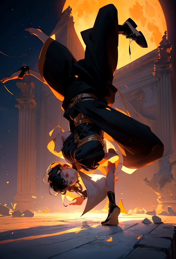 Imagine a dynamic and immersive breakdance scene, captured through the perspective of a fisheye lens. This masterpiece of digital illustration, inspired by the style of RossDraws, is presented in high-quality 8K Ultra HD, meticulously designed to capture the emotion of the moment.

In the center of the improvised stage, a young Japanese dancer dominates the scene performing the breakdance Footwork movement. He has a young, expressive face with Asian features, dark, lively eyes that convey determination. His hair is short, black and modern. He is dressed in a stylish black hooded coat, ripped knee-length pants, and distressed sneakers, all highlighted by a vibrant color palette and dramatic shadows that amplify the visual impact.

Next to the Louvre Pyramid, in Paris, there is an enchanting and magical setting, with the sky lit by the moon and stars. Dramatic lighting and visual effects intensify the dancer's movement and scene details, providing a photorealistic realism that transports the viewer into the effervescent moment.