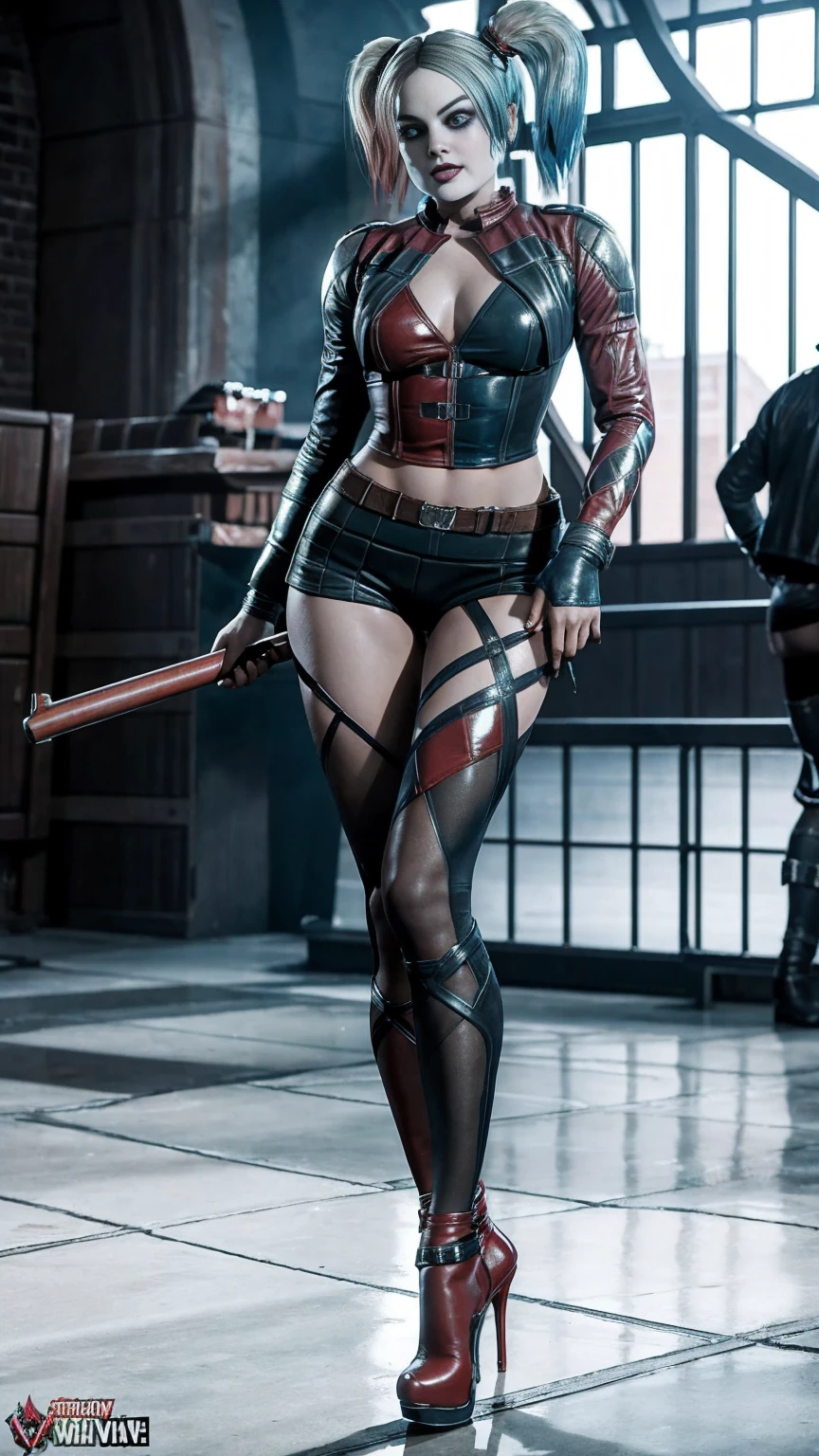 Harley Quinn длинные волосы, in torn tights,standing standing in a short skirt, high heels. Лицо Margot Robbie.hair down 