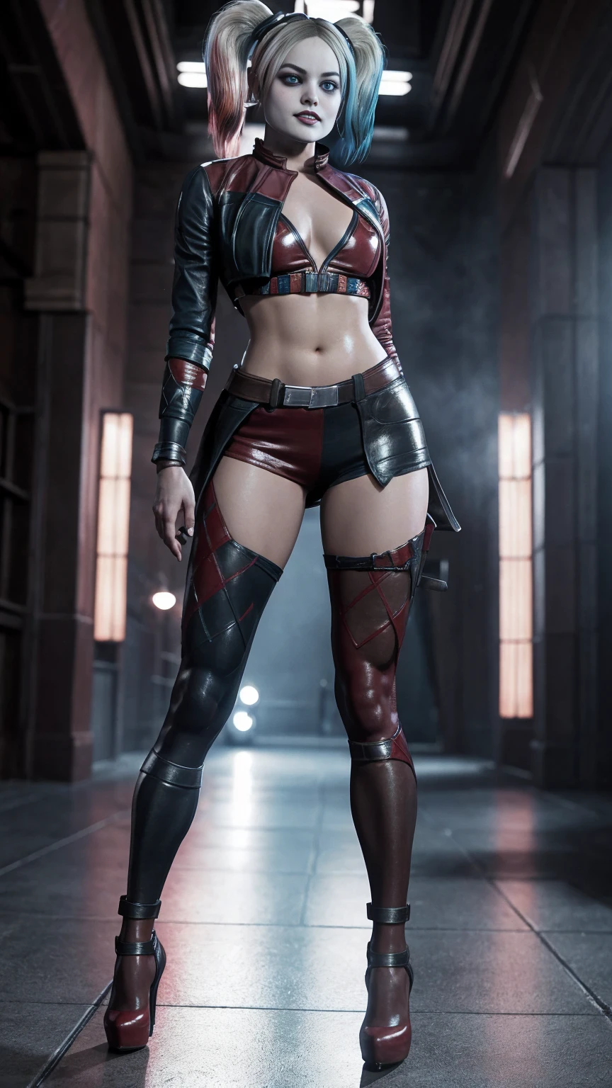 Harley Quinn длинные волосы, in torn tights,standing standing in a short skirt, high heels. Лицо Margot Robbie.hair down 