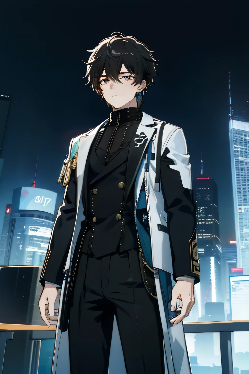 Vibrant skyline of a modern fantasy city, The 27-year-old boy、Her dark hair stands out in contrast to her white skin., Silver eyes that seem to reflect the neon lights illuminating the city. Wear an elegant black suit adorned with subtle gold details that sparkle under the city lights. The long coat she is wearing、It adds a unique touch to her look., When moving between skyscrapers and holographic screens. In the background, The city comes alive with rivers of light and futuristic buildings that defy imagination.. This is your main character, A modern mystery in an urban world filled with wonder and dreamlike technology.