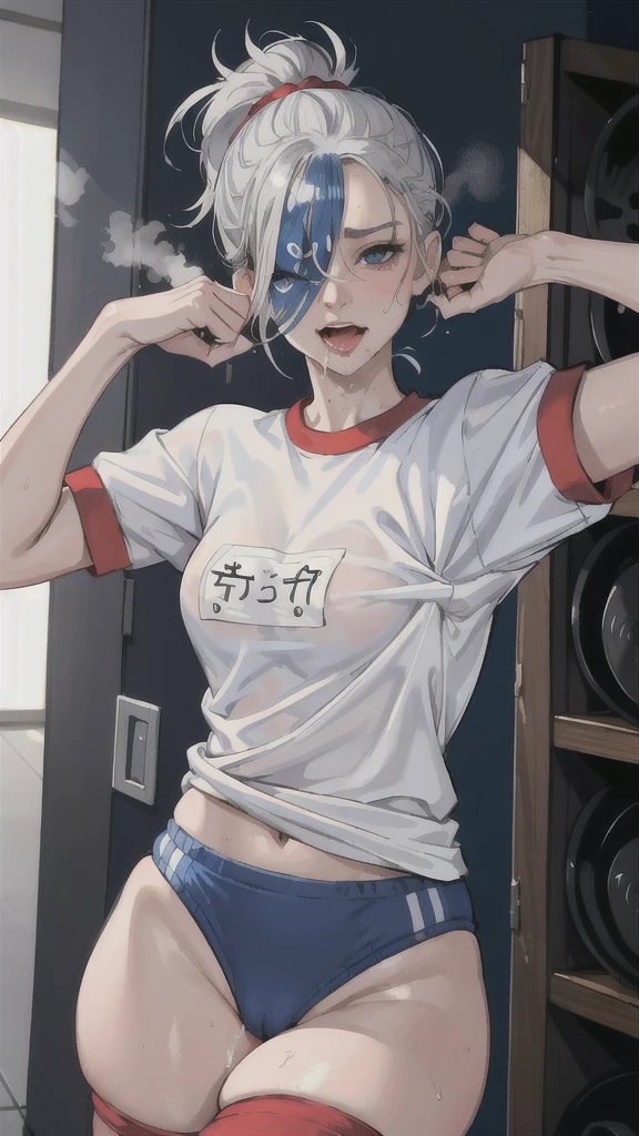 (masterpiece:1.2, best quality), (1lady, upper body:1.2), shaggy silver hair cut with pony tail , shiny blue eyes, (orgasm face:1.5) , (gym uniform,red buruma, white shirt, short sleeves, thighs:1.3),
indoors, locker room,,rolling eyes,(bitting own lip:1.1), smug , (naughty :1.3),(slut:1.25), (vulgarity:1.1),(fucked silly:1.1),(steam:1.1),(wet:0.7),(trembling:1.1),(vulgarity:1.25), (shamefull:1.2)