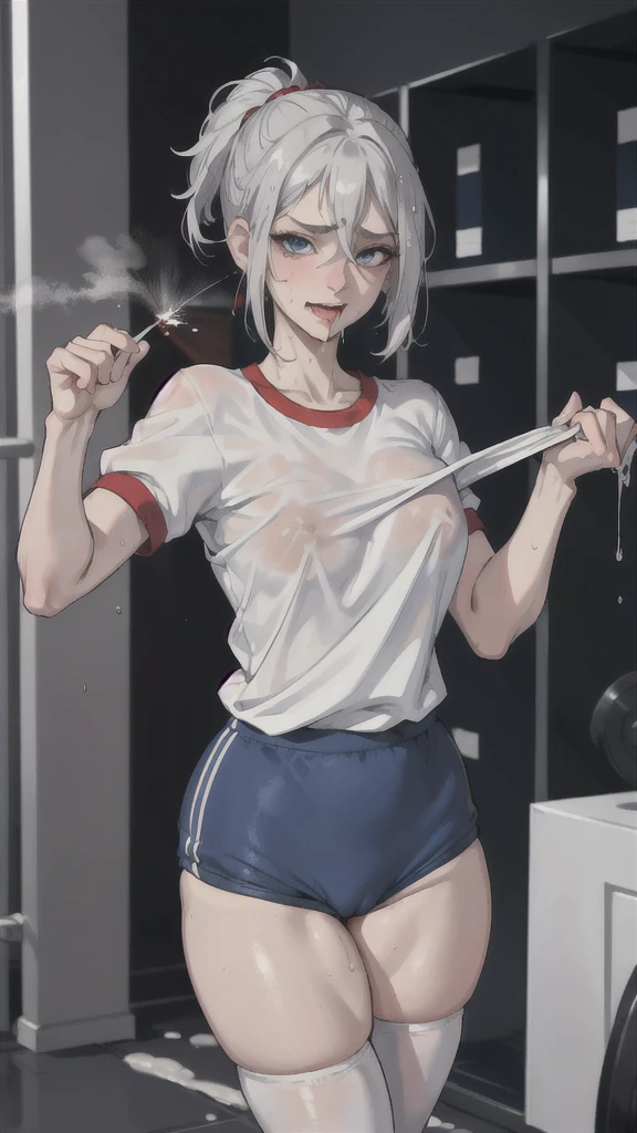 (masterpiece:1.2, best quality), (1lady, upper body:1.2), shaggy silver hair cut with pony tail , shiny blue eyes, (orgasm face:1.5) , (gym uniform,red buruma, white shirt, short sleeves, thighs:1.3),
indoors, locker room,,rolling eyes,(bitting own lip:1.1), smug , (naughty :1.3),(slut:1.25), (vulgarity:1.1),(fucked silly:1.1),(steam:1.1),(wet:0.7),(trembling:1.1),(vulgarity:1.25), (shamefull:1.2)