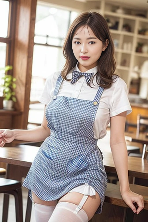 ooki masterpiece、Highest quality、Ultra-high resolution、(Photorealistic:1.6)、1 girl、(Long Hair:1.5)、(round face:1.3)、(Gingham check suspender apron:1.3)、(Plain blue high waist skirt:1.3)、(Apron skirt:1.2)、(White blouse:1.3)、(Double-breasted、Underbust:1.2)、Short sleeve、Button Gap、(Plain blue bow tie:1.2)、(Plump body:1.2)、(Smooth Skin:1.1)、Dynamic pose、(chest:1.2)、Cafe、restaurant、Red lipstick、Disheveled Hair、Spreading her legs、((Thighs))、