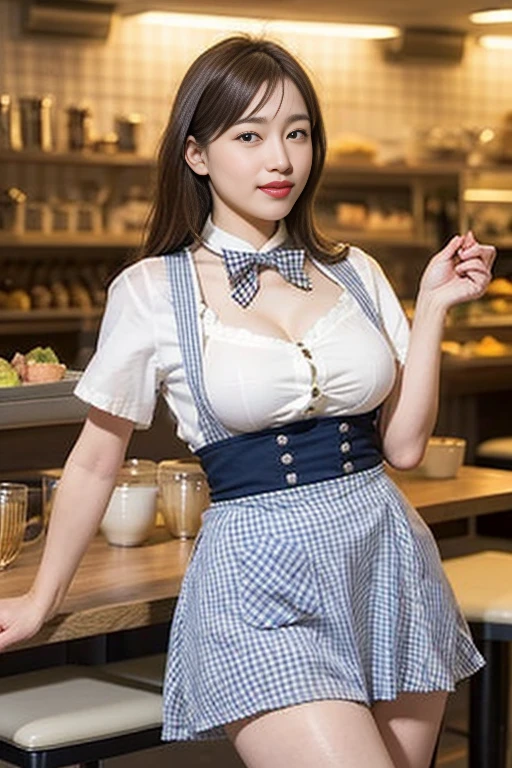 ooki masterpiece、Highest quality、Ultra-high resolution、(Photorealistic:1.6)、1 girl、(Long Hair:1.5)、(round face:1.3)、(Gingham check suspender apron:1.3)、(Plain blue high waist skirt:1.3)、(Apron skirt:1.2)、(White blouse:1.3)、(Double-breasted、Underbust:1.2)、Short sleeve、Button Gap、(Plain blue bow tie:1.2)、(Plump body:1.2)、(Smooth Skin:1.1)、Dynamic pose、(chest:1.2)、Cafe、restaurant、Red lipstick、Disheveled Hair、Spreading her legs、((Thighs))、