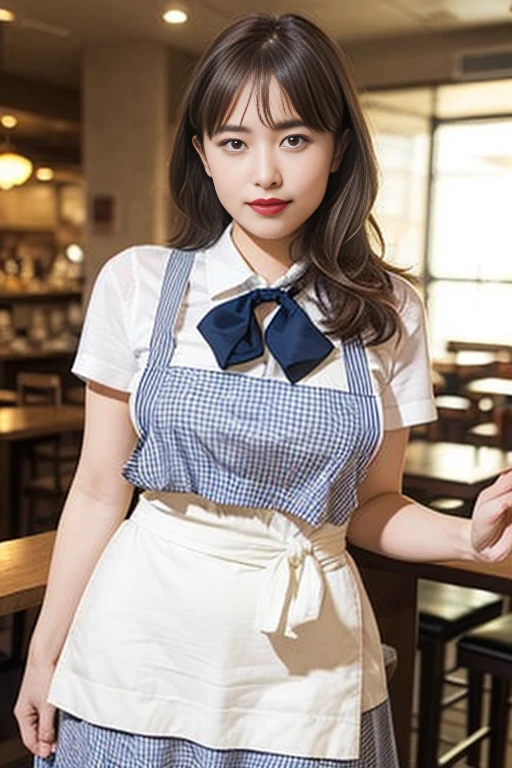 ooki masterpiece、Highest quality、Ultra-high resolution、(Photorealistic:1.6)、1 girl、(Long Hair:1.5)、(round face:1.3)、(Gingham check suspender apron:1.3)、(Plain blue high waist skirt:1.3)、(Apron skirt:1.2)、(White blouse:1.3)、(Double-breasted、Underbust:1.2)、Short sleeve、Button Gap、(Plain blue bow tie:1.2)、(Plump body:1.2)、(Smooth Skin:1.1)、Dynamic pose、(chest:1.2)、Cafe、restaurant、Red lipstick、Disheveled Hair、Spreading her legs、((Thighs))、