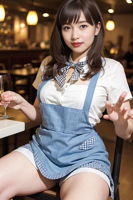 ooki masterpiece、Highest quality、Ultra-high resolution、(Photorealistic:1.6)、1 girl、(Long Hair:1.5)、(round face:1.3)、(Gingham check suspender apron:1.3)、(Plain blue high waist skirt:1.3)、(Apron skirt:1.2)、(White blouse:1.3)、(Double-breasted、Underbust:1.2)、Short sleeve、Button Gap、(Plain blue bow tie:1.2)、(Plump body:1.2)、(Smooth Skin:1.1)、Dynamic pose、(chest:1.2)、Cafe、restaurant、Red lipstick、Disheveled Hair、Spreading her legs、((Thighs))、