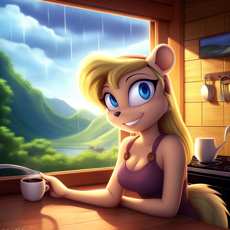 minerva, medium breast,
(detailed blonde hair:1.4), (detailed perfect eyes:1.2), white fur, (detailed fluffy fur:1.2), perfect hourglass body, mink snout, (long fluffy blonde tail:1.3), beautiful black eyes, relaxed pose, looking at viewer,
(freckles:1.2), light smile,
serving coffee,
(masterpiece:1.2), (best quality:1.2), (intricate:1.2), (highly detailed:1.2), (sharp:1.2), (8k:1.2), (highres:1.2),
cinematic summer tropical lighting, vivid colors,
kitchen, wooden cabin,
window, forest, rain,
aliceinwonderlandoutfit