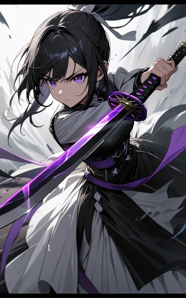 solo lady、shiny black hair、shiny purple eyes、short highponytail
、1white ribbon:1.1、[middle breast:0.8]、(twotonecolor、 black and white detailed Gothic Dress:1.1)、(masterpiece)、(absurdres)、(ultra detailed)、(8K)、(viewtifull detailed)、Swordsman、grabs sharpness-katana,、closed mouth,serious eyes,Battle,black depth background,