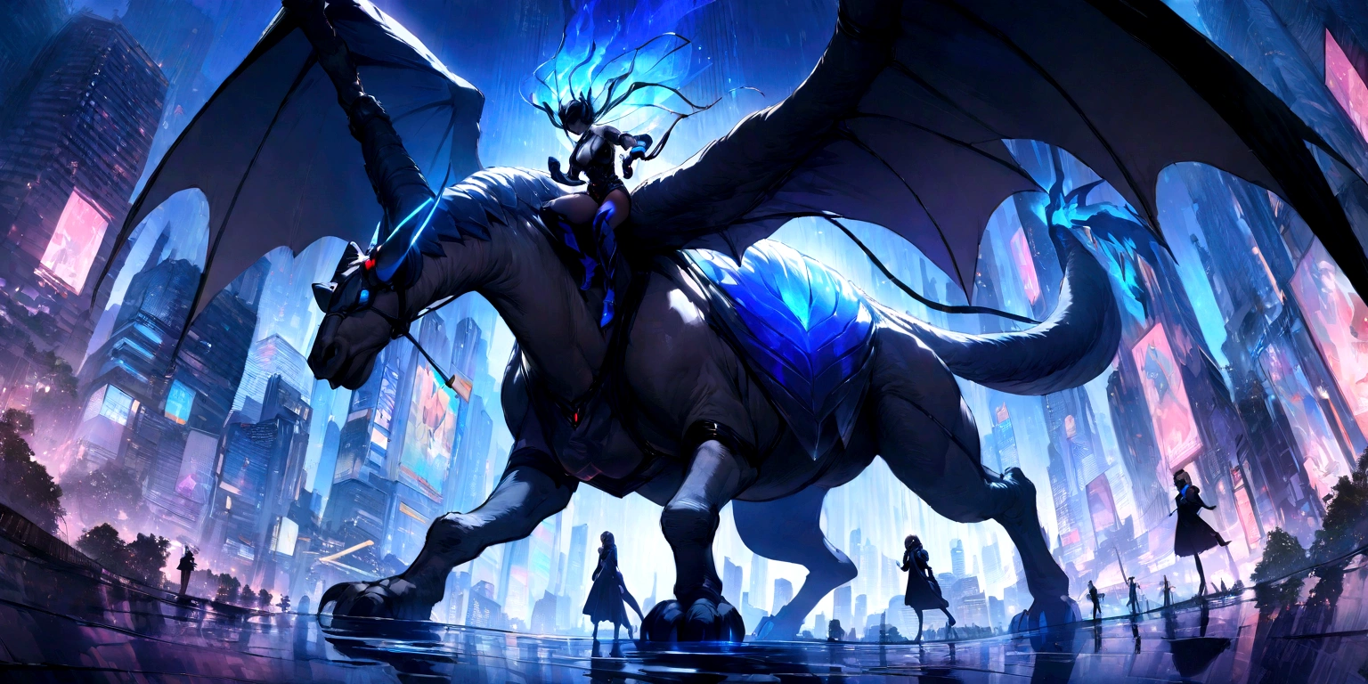 ((masterpiece, Highest quality, Best image quality, High resolution)) A female demon rides a giant camel、Female demons have wings、Black Mask,Glowing blue eyes and advanced cybernetic enhancements. Seen in dynamic action poses, reflection on a smooth surface. The cityscape below is filled with towering skyscrapers., illuminated by colorful holographic advertisements, Shining with blue energy, Mighty power. The overall atmosphere is dark and mysterious., It had a futuristic techno vibe.. The lighting is dramatic, Intense highlights and deep shadows, Creates depth and tension.
