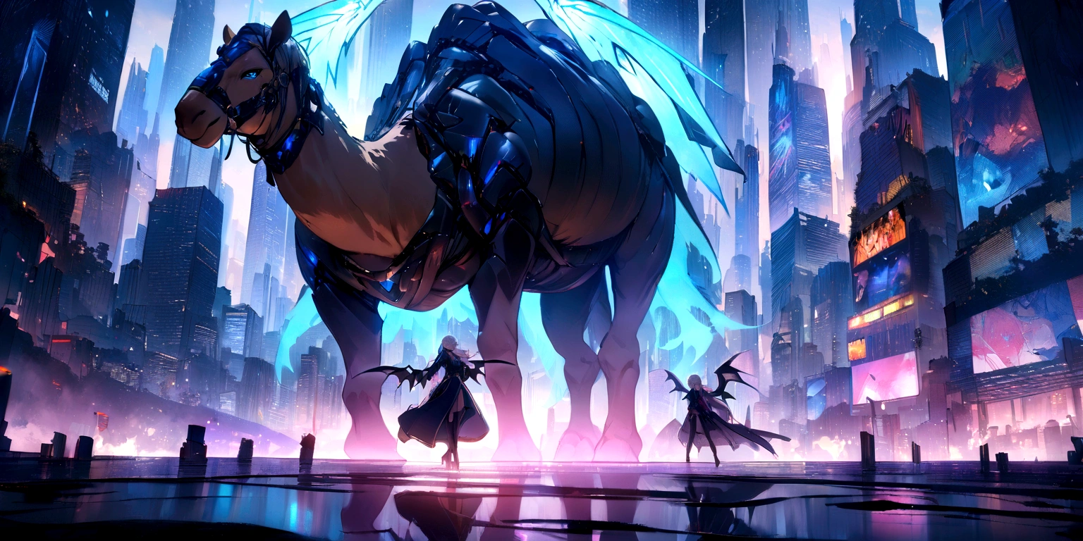 ((masterpiece, Highest quality, Best image quality, High resolution)) A female demon rides a giant camel、Female demons have wings、Black Mask,Glowing blue eyes and advanced cybernetic enhancements. Seen in dynamic action poses, reflection on a smooth surface. The cityscape below is filled with towering skyscrapers., illuminated by colorful holographic advertisements, Shining with blue energy, Mighty power. The overall atmosphere is dark and mysterious., It had a futuristic techno vibe.. The lighting is dramatic, Intense highlights and deep shadows, Creates depth and tension.