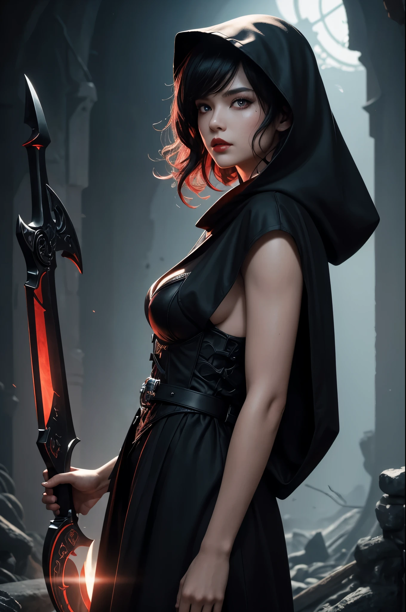 8K,Grim Reaper with a very large scythe,Skeleton Face,Red eyes,White haired mohawk,Black hooded robe,Highly detailed photos, Ultra-high resolution, masterpiece, Highest quality, Perfect glowing skin, Perfect lighting, Detailed lighting, Dramatic Shadows, Ray Tracing, Looking at the audience, Small breasts, Beautifully detailed hazel eyes, Sharp Face, Clear Eyes, Red lips, Long bangs, Short Curly Hair, ((Dark Land of the Underworld)), Upper Body, masterpiece,Highest qualityのフォトリアリスティックなRAW写真。Bright colors,Rich colors, Backlight, Cinema Lighting, Film Grain, to be born, 50mm lens, Nikon D850,Detailed character art,Fantasy art,Ultra-high resolution,Ultra-Realistic Skin,Perfect hand shape,Deadly landscape,Skull coat of arms,Skull Face,Bone Face,