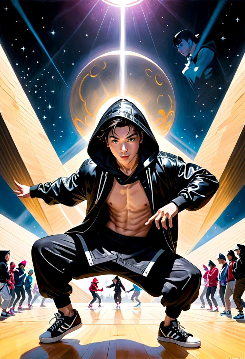 Imagine a dynamic and immersive breakdance scene, captured through the perspective of a fisheye lens. This masterpiece of digital illustration, inspired by the style of RossDraws, is presented in high-quality 8K Ultra HD, meticulously designed to capture the emotion of the moment.
In the center of the improvised stage, a young Japanese dancer dominates the scene performing the breakdance Footwork movement. He has a young, expressive face with Asian features, dark, lively eyes that convey determination. His hair is short, black and modern. He is dressed in a stylish black hooded coat, ripped knee-length pants, and distressed sneakers, all highlighted by a vibrant color palette and dramatic shadows that amplify the visual impact.
Next to the Louvre Pyramid, in Paris, there is an enchanting and magical setting, with the sky lit by the moon and stars. Dramatic lighting and visual effects intensify the dancer's movement and scene details, providing a photorealistic realism that transports the viewer into the effervescent moment.