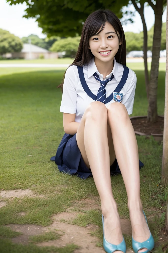 Pure Japanese school girl, sweet temptation, outstanding body, beautiful legs, wearing uniform, panty, sweet smile, sitting, refreshing in early summer, composition from the front,