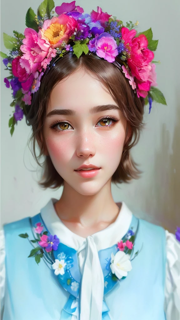 there is a young girl with a flower crown on her head, soft portrait shot 8 k, maia sandu hyperrealistic, beautiful portrait image, realistic digital art 4k, realistic digital art 4 k, 🤤 girl portrait, ukrainian girl, beautiful digital artwork, fantasy portrait, 8k portrait render, realistic cute girl painting, realistic digital painting, cute portrait, beautiful fantasy portrait。fullbodyphoto.long perfect beutiful legs.mini-skirt.