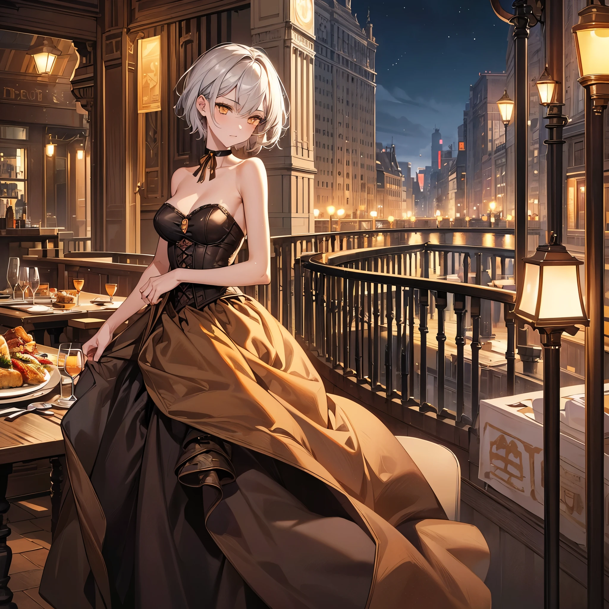 A young silver haired woman with green eyes in a pretty gothic dress is drinking tea on a roof of a gothic castle at night