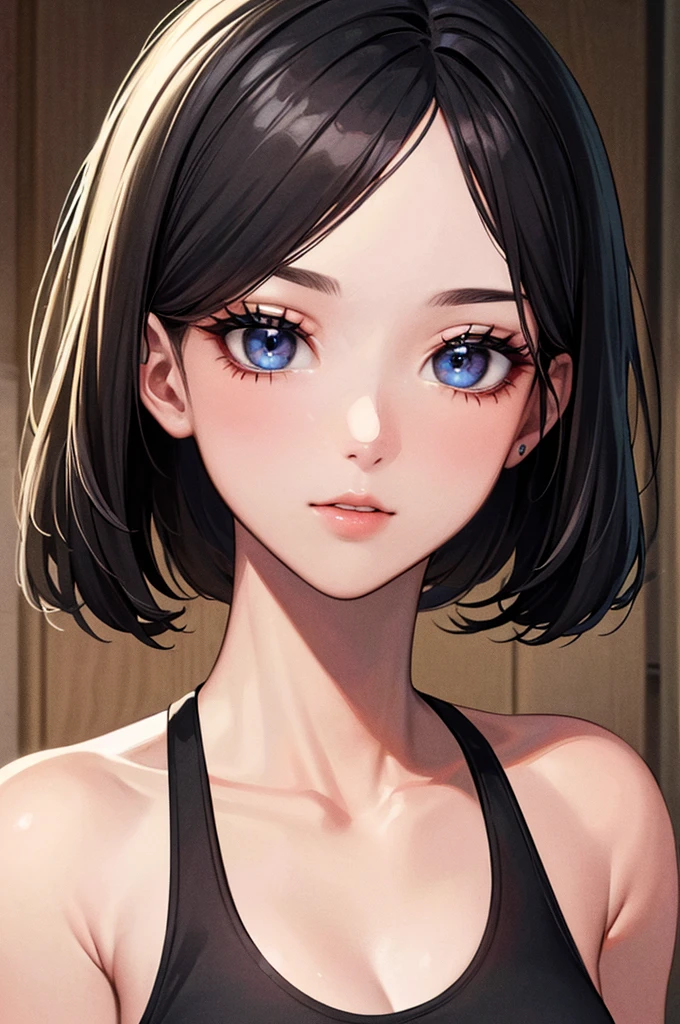 ((Highest quality, 8K, masterpiece: 1.3)), whole body, Clear Focus: 1.2, Excellent style: 1.4, Slim Abs: 1.2, ((Black Hair, big: 1.2)), Black tank top, Highly detailed face and skin texture, Fine grain, double eyelid