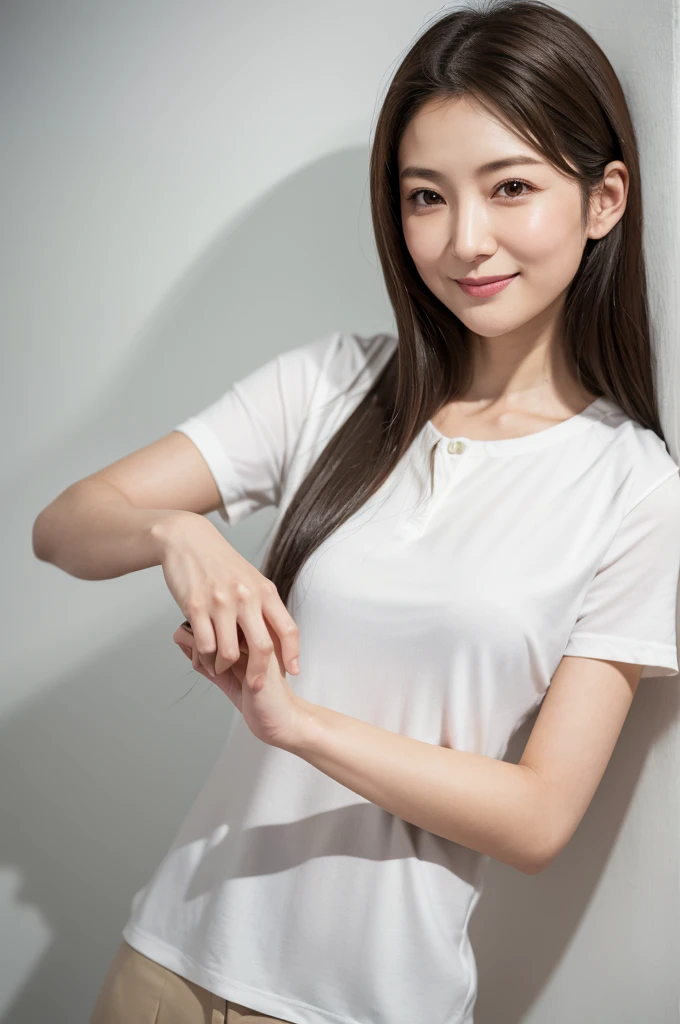 Japanese women, 40s, White background, simple背景,Long Hair、White-brown hair, Slender, 4K, 8K, High quality, Beauty products, EyesBeautiful Eyes, simple, It is high resolution.,1 person,Beautiful Skin,Beautiful Skin、Natural smile、Short sleeve、Wearing a white shirt