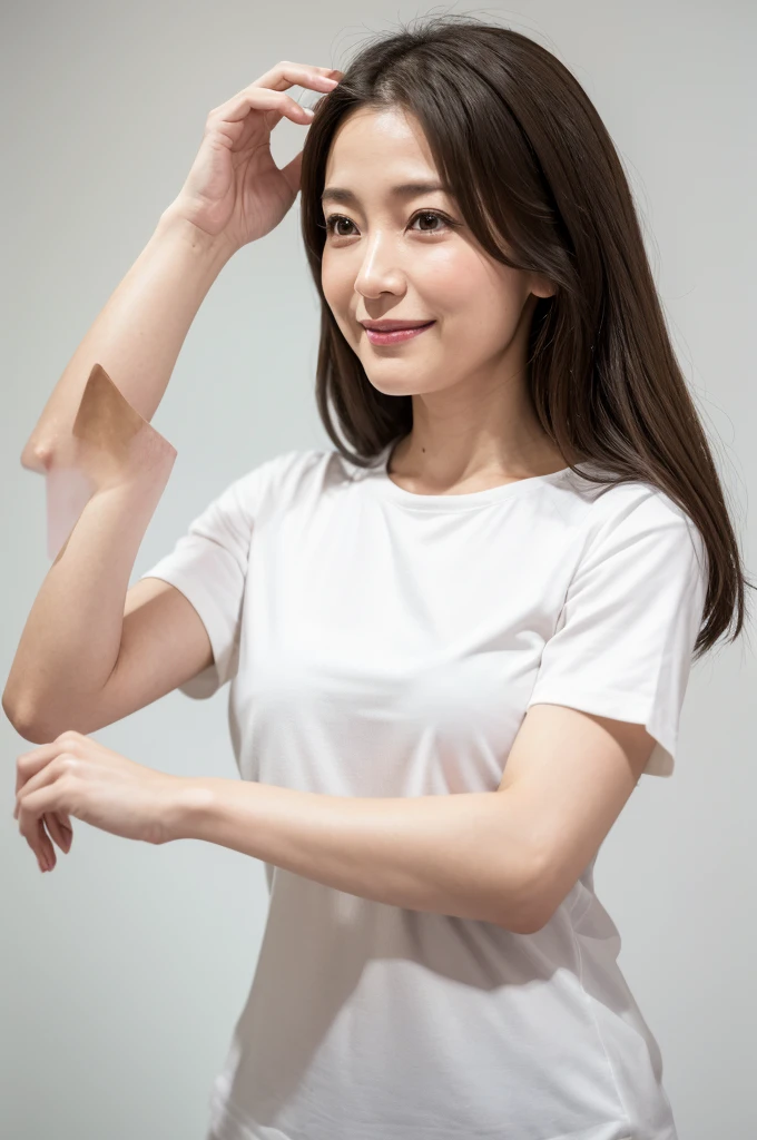 Japanese women, 40s, White background, simple背景,Long Hair、White-brown hair, Slender, 4K, 8K, High quality, Beauty products, EyesBeautiful Eyes, simple, It is high resolution.,1 person,Beautiful Skin,Beautiful Skin、Natural smile、Short sleeve、Wearing a white shirt