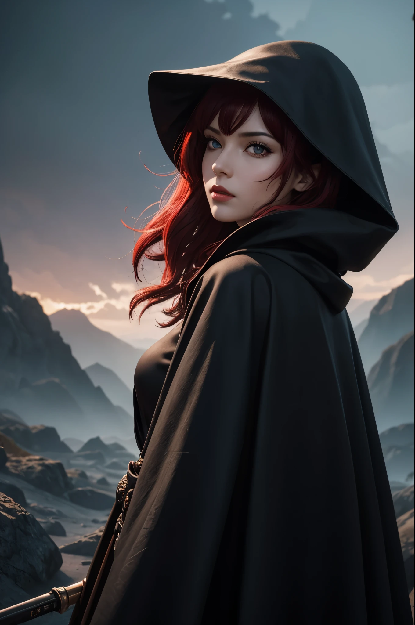8K,Grim Reaper with a very large scythe,Skeleton Face,Red eyes,White haired mohawk,Black hooded robe,Highly detailed photos, Ultra-high resolution, masterpiece, Highest quality, Perfect glowing skin, Perfect lighting, Detailed lighting, Dramatic Shadows, Ray Tracing, Looking at the audience, Small breasts, Beautifully detailed hazel eyes, Sharp Face, Clear Eyes, Red lips, Long bangs, Short Curly Hair, ((Dark Land of the Underworld)), Upper Body, masterpiece,Highest qualityのフォトリアリスティックなRAW写真。Bright colors,Rich colors, Backlight, Cinema Lighting, Film Grain, to be born, 50mm lens, Nikon D850,Detailed character art,Fantasy art,Ultra-high resolution,Ultra-Realistic Skin,Perfect hand shape,Deadly landscape,Skull coat of arms,Skull Face,Bone Face,