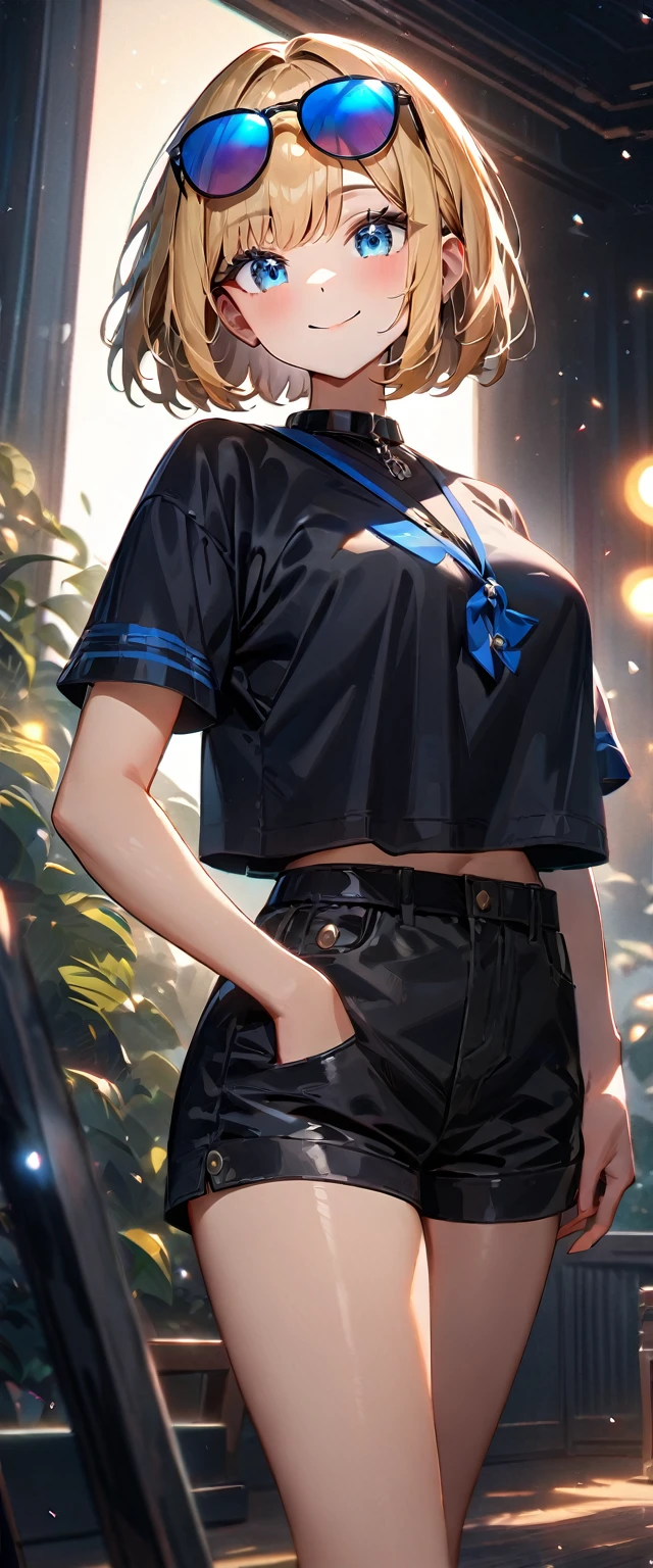 (((One girl))), blond hair, bob cut, breasts, from front, (cowboy shot), (looking at viewer), ((black shorts)), ((black crop top overhang)), short sleeves, Casual Stance, sun glasses, face in focus, teenager, head tilt:1.3, (((blue eye))), ((happy smile)), ((sleeves past wrists)), anime style, (best quality, 4k, 8k, highres, masterpiece:1.2, ultra-detailed, ultra-detailed eyes, HDR, UHD, studio lighting, ultra-fine painting, sharp focus, physically-based rendering, extreme detail description, professional, vivid colors, bokeh)